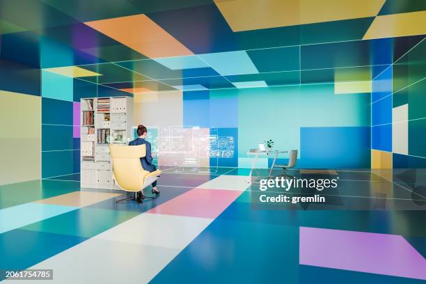 businesswoman working in futuristic office - ux ui design stock pictures, royalty-free photos & images