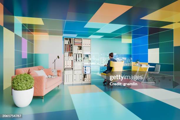 businesswoman working in futuristic office - ux ui design stock pictures, royalty-free photos & images