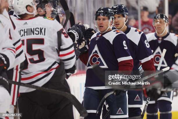 Zach Parise of the Colorado Avalanche celebrates a goal against the Chicago Blackhawks with his bench at Ball Arena on March 04, 2024 in Denver,...