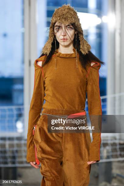 Model walks the runway during the Kiko Kostadinov Ready to Wear Fall/Winter 2024-2025 fashion show as part of the Paris Fashion Week on March 5, 2024...