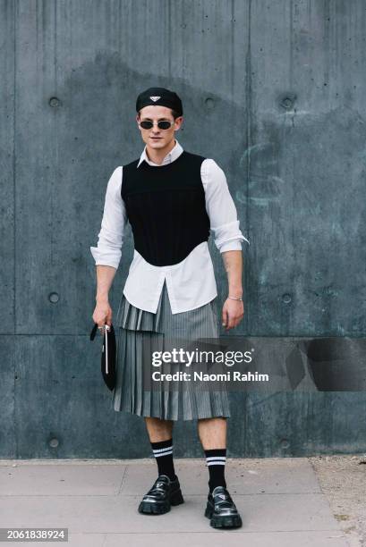 David Galea wears Dion Lee and Prada accessories at Melbourne Fashion Festival 2024 on March 06, 2024 in Melbourne, Australia.