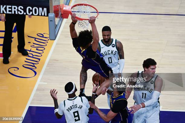 Jaxson Hayes of Los Angeles Lakers slam dunks on hoop during NBA game between Milwaukee Bucks and Los Angeles Lakers at the Crypto.com Arena on March...
