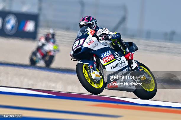 Australian Moto3 rider Senna Agius is in action with Liquid Moly Husqvarna Intact GP during a practice session of the Qatar Airways Motorcycle Grand...