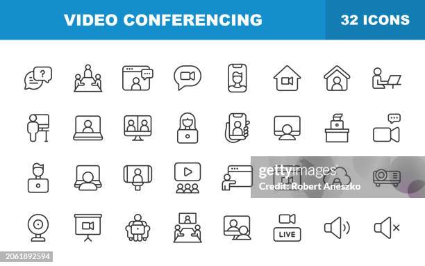 stockillustraties, clipart, cartoons en iconen met video conference line icons. editable stroke. contains such icons as camera, video chat, online messaging, webinar, remote work, teamwork, online learning, freelancer, work from home. - home video camera