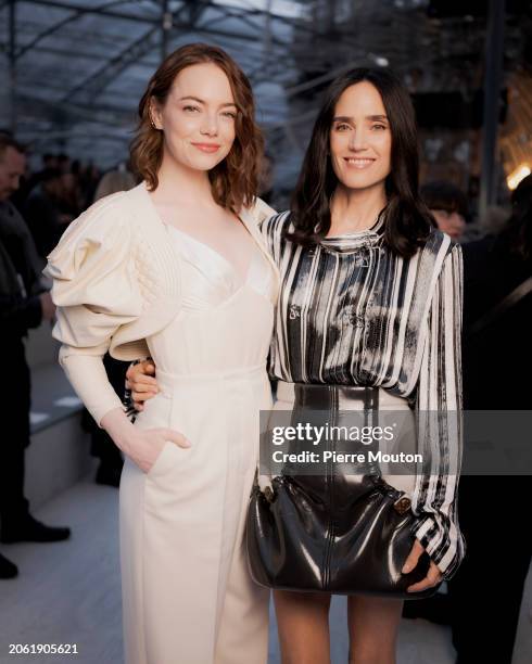 Emma Stone and Jennifer Connelly attends the Louis Vuitton Womenswear Fall/Winter 2024-2025 show as part of Paris Fashion Week on March 05, 2024 in...