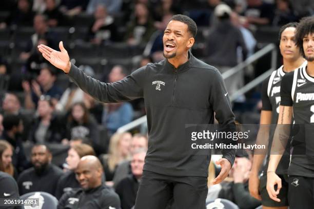 Head coach KIm English of the Providence Friars reacts to a call in the first half during a college basketball game against the Georgetown Hoyas at...