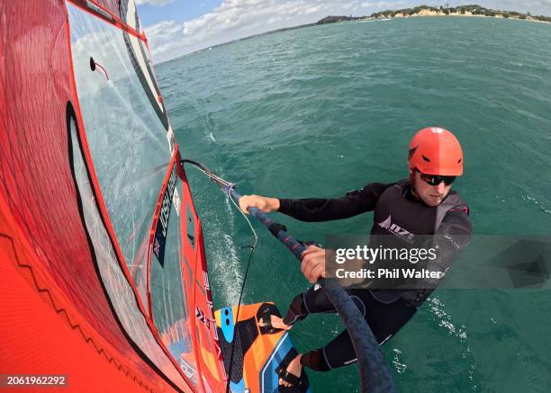 Josh Armit sails his iQFOIL off Narrowneck Beach during a Paris 2024 NZOC Sailing Selection Announcement at Wakatere Boating Club on March 06, 2024...
