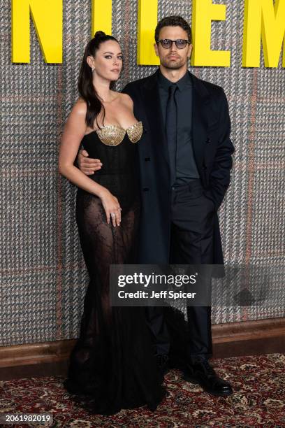 Kaya Scodelario and Theo James attend the UK Series Global Premiere of "The Gentlemen" at the Theatre Royal Drury Lane on March 05, 2024 in London,...