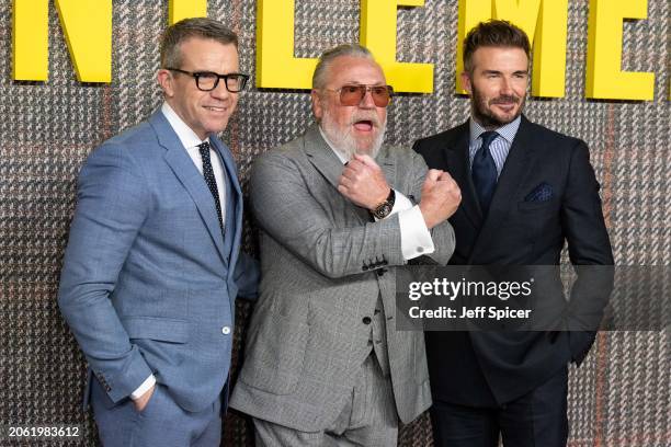 Max Beesley, Ray Winstone and David Beckham attend the UK Series Global Premiere of "The Gentlemen" at the Theatre Royal Drury Lane on March 05, 2024...