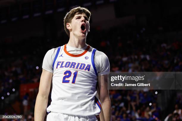 Alex Condon of the Florida Gators reacts during the second half of a game against the Alabama Crimson Tide at the Stephen C. O'Connell Center on...