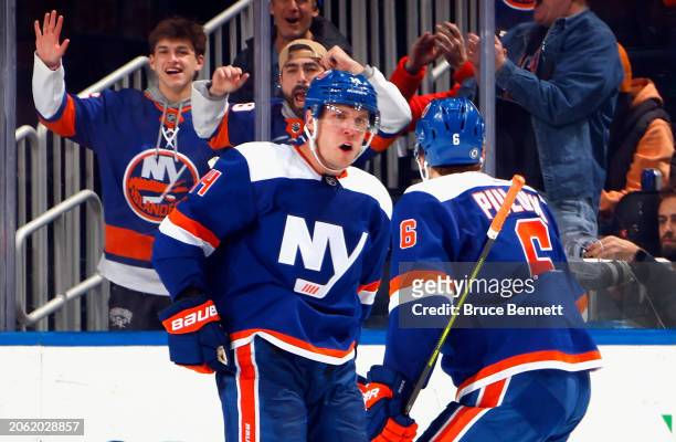 Bo Horvat of the New York Islanders celebrates his third period goal against the St. Louis Blues at UBS Arena on March 05, 2024 in Elmont, New York.