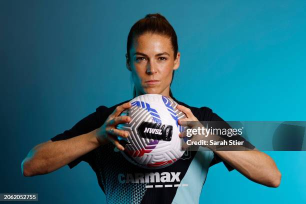 Kelley O'Hara of NJ/NY Gotham FC poses for a portrait during NJ/NY Gotham FC Media Day at Hanover Marriott on March 05, 2024 in Whippany, New Jersey.