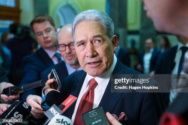 Acting Prime Minister Winston Peters speaks to media prior to question time at Parliament on March 06, 2024 in Wellington, New Zealand.