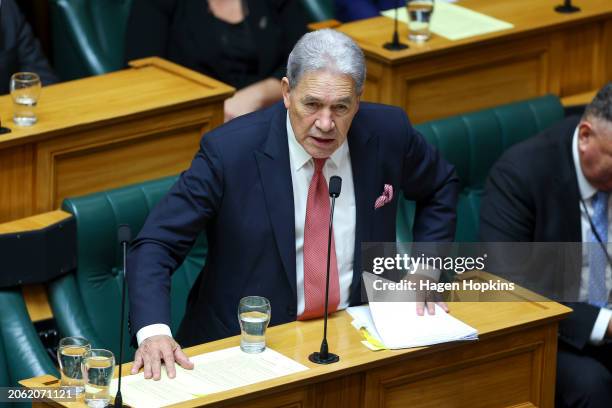 Acting Prime Minister Winston Peters speaks during question time at Parliament on March 06, 2024 in Wellington, New Zealand.