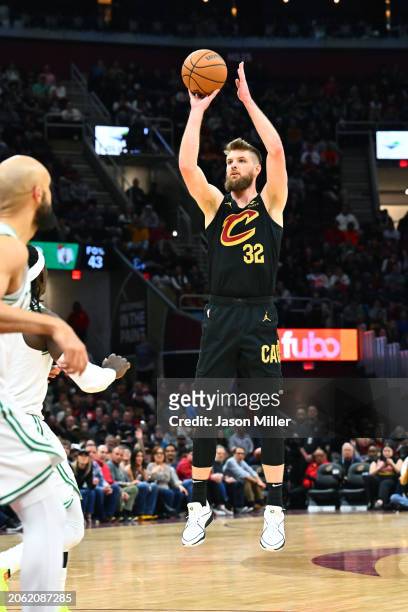 Dean Wade of the Cleveland Cavaliers shoots during the fourth quarter against the Boston Celtics at Rocket Mortgage Fieldhouse on March 05, 2024 in...