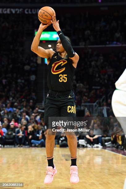 Isaac Okoro of the Cleveland Cavaliers shoots during the fourth quarter against the Boston Celtics at Rocket Mortgage Fieldhouse on March 05, 2024 in...