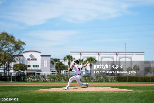 Joe Ryan of the Minnesota Twins pitches during a workout prior to a spring training game against the Pittsburgh Pirates on February 24, 2024 at the...