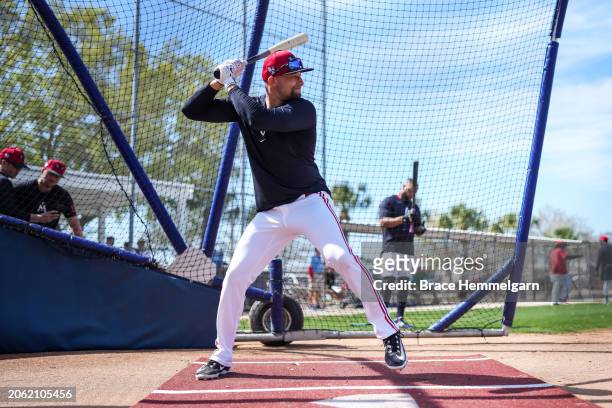 Royce Lewis of the Minnesota Twins bats during a workout prior to a spring training game against the Pittsburgh Pirates on February 24, 2024 at the...