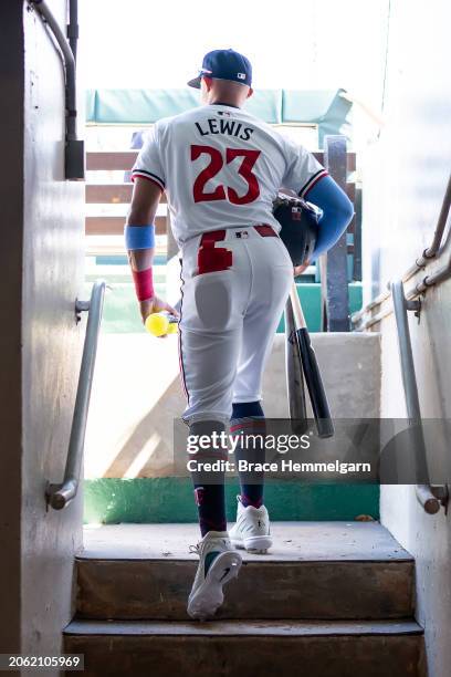 Royce Lewis of the Minnesota Twins looks on prior to a spring training game against the Pittsburgh Pirates on February 24, 2024 at the Lee County...