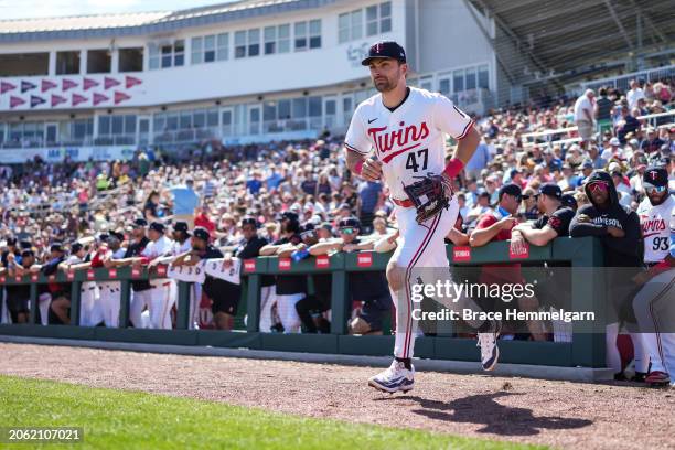 Edouard Julien of the Minnesota Twins looks on during a spring training game against the Pittsburgh Pirates on February 24, 2024 at the Lee County...