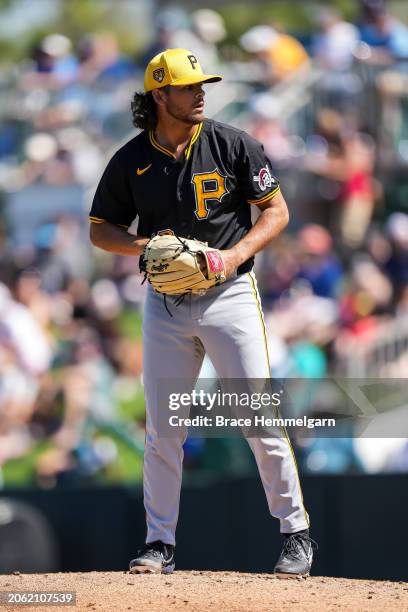 Jared Jones of the Pittsburgh Pirates pitches during a spring training game against the Minnesota Twins on February 24, 2024 at the Lee County Sports...