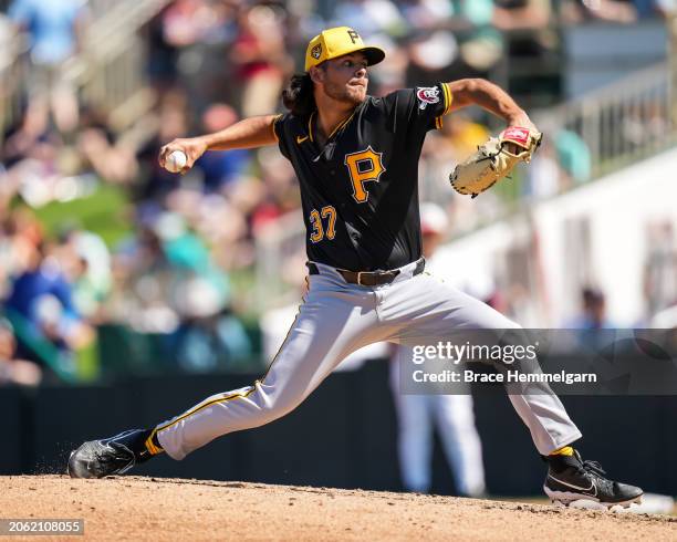 Jared Jones of the Pittsburgh Pirates pitches during a spring training game against the Minnesota Twins on February 24, 2024 at the Lee County Sports...