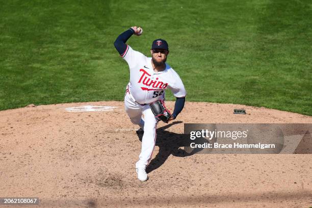 Daniel Duarte of the Minnesota Twins pitches during a spring training game against the Pittsburgh Pirates on February 24, 2024 at the Lee County...