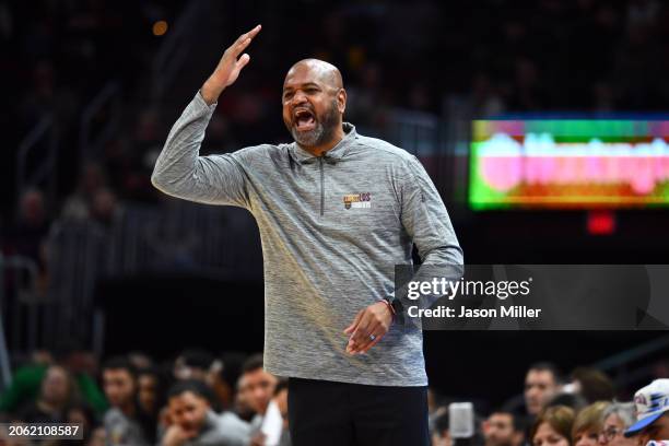 Head coach J.B. Bickerstaff of the Cleveland Cavaliers reacts during the fourth quarter against the Boston Celtics at Rocket Mortgage Fieldhouse on...