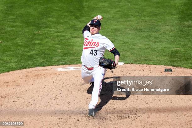 Jeff Brigham of the Minnesota Twins pitches during a spring training game against the Pittsburgh Pirates on February 24, 2024 at the Lee County...