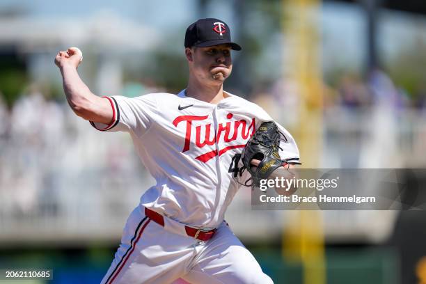 Justin Topa of the Minnesota Twins pitches during a spring training game against the Pittsburgh Pirates on February 24, 2024 at the Lee County Sports...