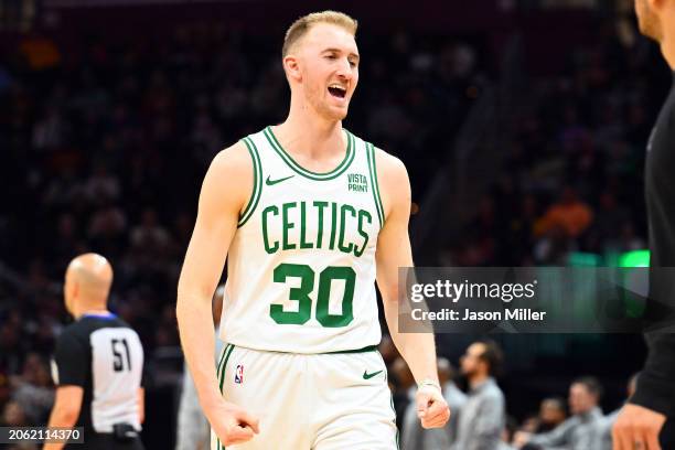 Sam Hauser of the Boston Celtics reacts during the third quarter against the Cleveland Cavaliers at Rocket Mortgage Fieldhouse on March 05, 2024 in...