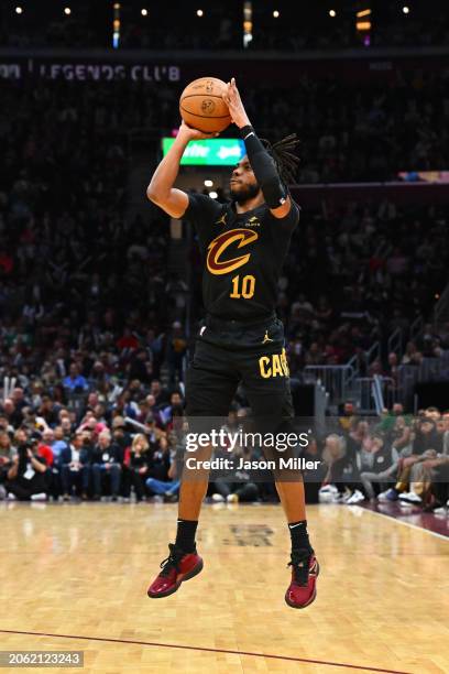 Darius Garland of the Cleveland Cavaliers shoots during the third quarter against the Boston Celtics at Rocket Mortgage Fieldhouse on March 05, 2024...