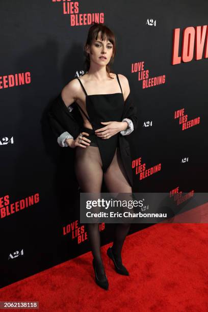 Kristen Stewart seen at the Los Angeles Premiere of A24's "Love Lies Bleeding" at Fine Arts Theatre on March 05, 2024 in Beverly Hills, California.