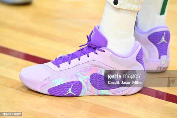 Detail of the Jordan shoes of Jayson Tatum of the Boston Celtics prior to the game against the Cleveland Cavaliers at Rocket Mortgage Fieldhouse on...