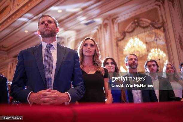 Eric Trump, his wife Lara Trump and Donald Trump Jr. Watch Republican presidential candidate, former President Donald Trump speak at an...