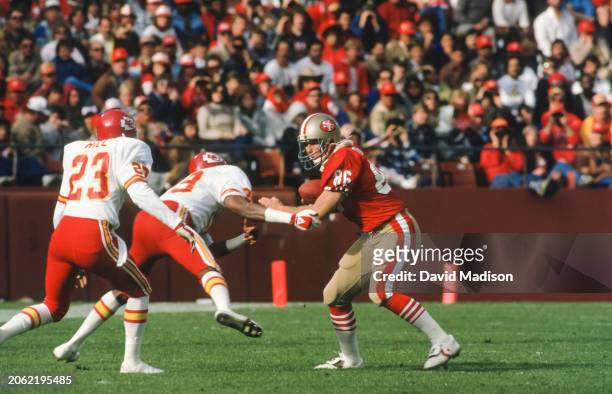 Tight End John Frank of the San Francisco 49ers carries the ball after a catch during a National Football League game against the Kansas City Chiefs...