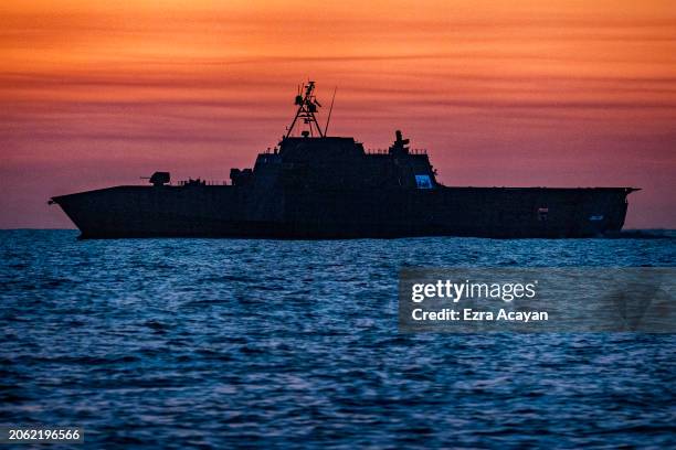 Navy ship is seen as Philippine ships conduct a resupply mission to troops stationed at Second Thomas Shoal, on March 04, 2024 in the South China...