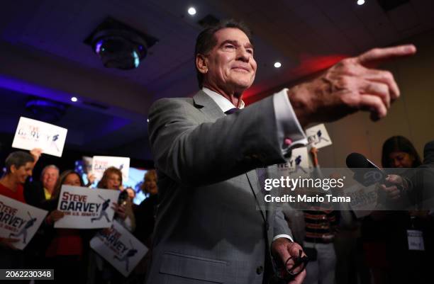 Republican Senate candidate Steve Garvey, a former Los Angeles Dodgers baseball player, speaks to the media at his election night watch party on...