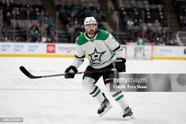 Christopher Tanev of the Dallas Stars skates on the ice during the first period of their game against the San Jose Sharks at SAP Center on March 05,...