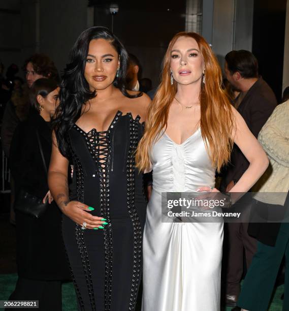 Ayesha Curry and Lindsay Lohan arrive at Netflix's "Irish Wish" screening at the Paris Theater on March 05, 2024 in New York City.