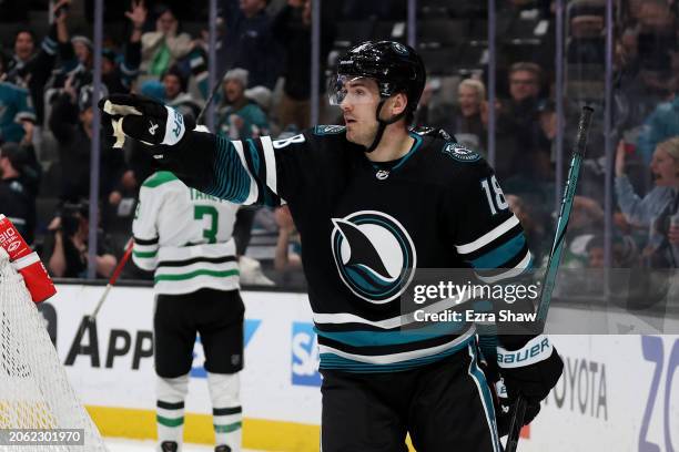 Filip Zadina of the San Jose Sharks reacts after he scored on Jake Oettinger of the Dallas Stars in the second period at SAP Center on March 05, 2024...