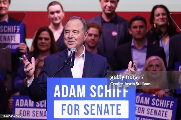 Democratic Senate candidate U.S. Rep. Adam Schiff speaks during his primary election night gathering at The Avalon on March 05, 2024 in Los Angeles,...