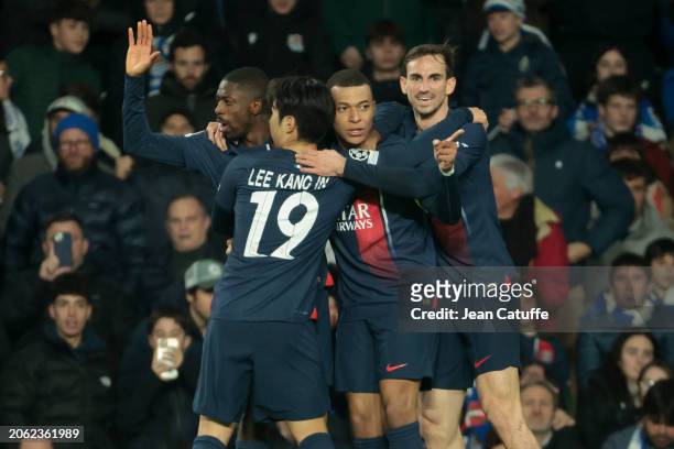 Kylian Mbappe of PSG celebrates his second goal with Ousmane Dembele, Lee Kang-in, Fabian Ruiz Pena during the UEFA Champions League 2023/24 round of...
