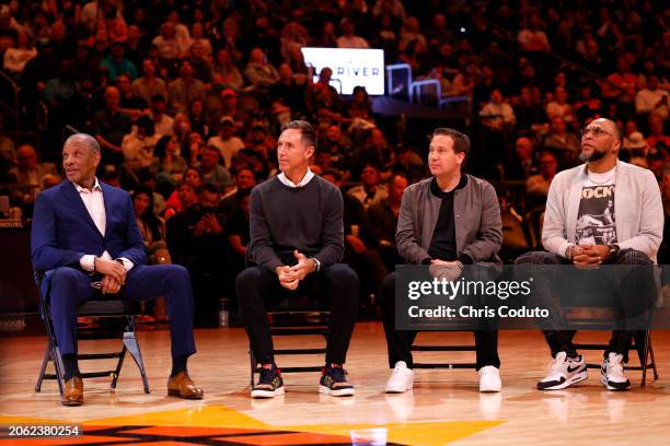 Alvin Gentry, Steve Nash, Phoenix Suns owner Mat Ishbia and Shawn Marion attend a halftime ceremony retiring Amar'e Stoudemire's jersey number in the...