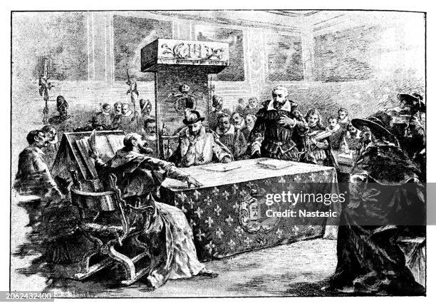 ilustraciones, imágenes clip art, dibujos animados e iconos de stock de duplessis mornay en la discusión de fontainebleau contra duperron, obispo de evreux, ante enrique iv - estilo siglo xvii