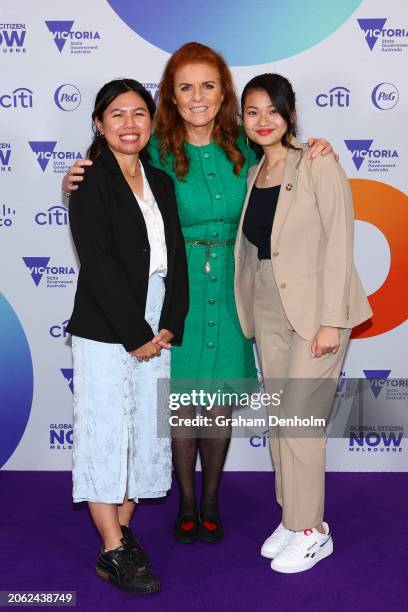 Sarah Ferguson, Duchess of York poses alongside Hazirah Sufian and Alicia Tien , Global Citizen Youth Leader Awardees arrive at the Global Citizen...