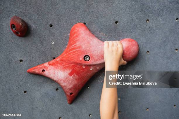the children's hand holds a climbing hook on home climbing wall. - belaying stock pictures, royalty-free photos & images