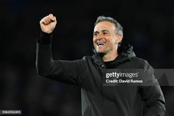 Head coach Luis Enrique of Paris Saint-Germain celebrates after the UEFA Champions League 2023/24 round of 16 second leg match between Real Sociedad...