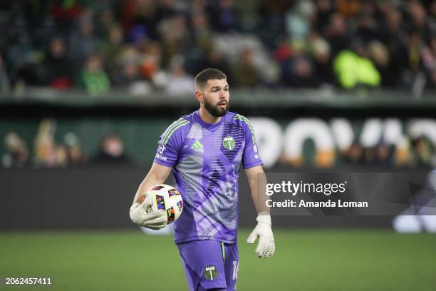 Maxime Crépeau of Portland Timbers looks on with the ball during the second half against D.C. United at Providence Park on March 02, 2024 in...