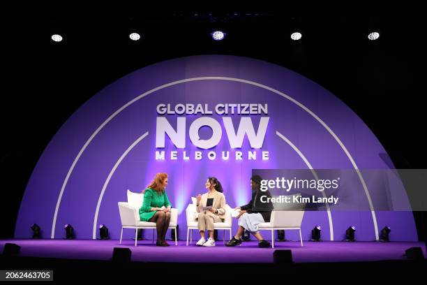 Sarah Ferguson, Duchess of York, Alicia Tien, Global Citizen Youth Leader Awardee and Hazirah Sufian, Global Citizen Youth Leader Awardee speak...